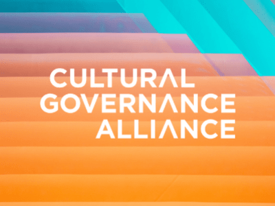 White text on orange and blue graduated background 'Culture Governance Alliance'