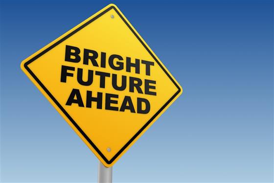 A road sign which reads 'bright future ahead'
