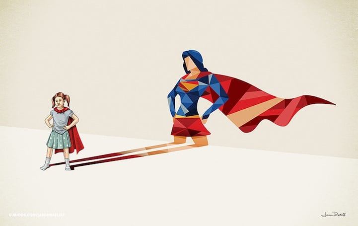 An illustration of a child wearing a cape, their shadow is of superwoman