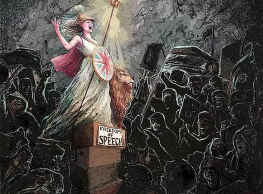 Britannia standing on a podium which reads 'freedom of speech' she is surrounded by a mob all dressed in black