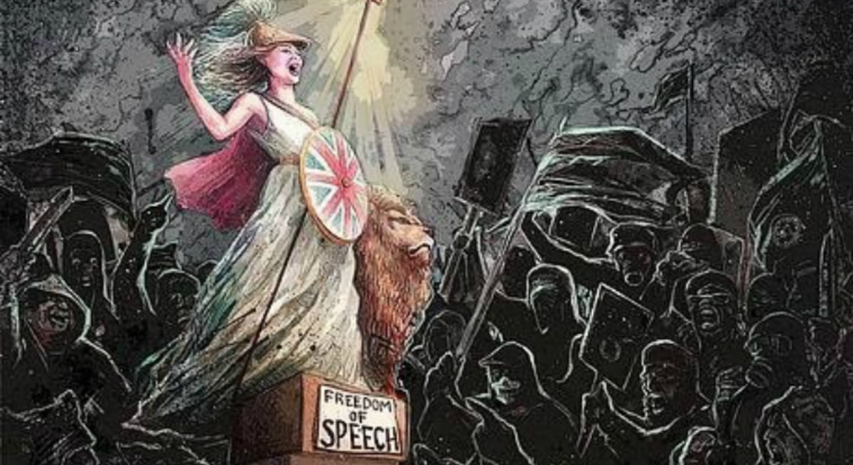 Illustration of Britannia standing on a podium with a 'Freedom of Speech' sign on it, delivering an impassioned speech to a crowd
