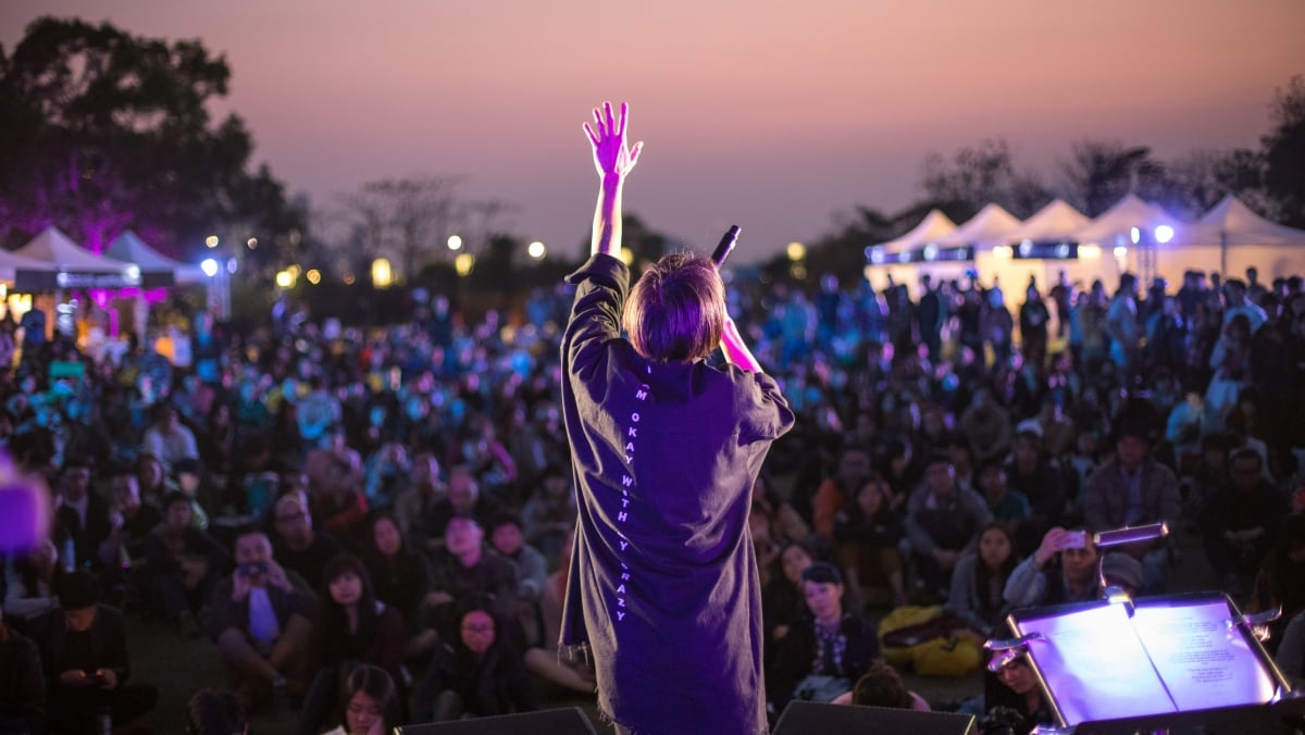 West Kowloon Cultural District Singer facing a crowd at a festival.