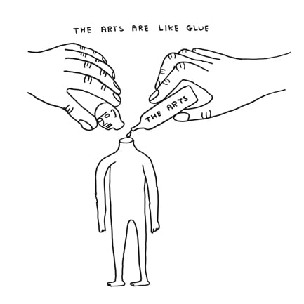 A graphic of a person having their head taken off an 'the arts' being used as glue
