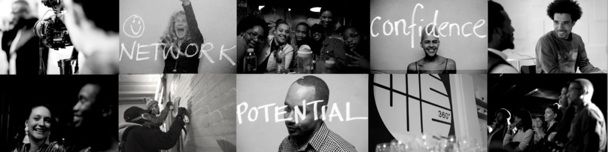 A collage of black and white portraits of people with the words 'network' 'confidence' and 'potential' printed over them