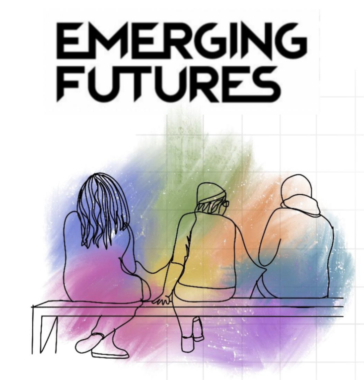 Three people sat on a bench with the words 'Emerging Futures' above