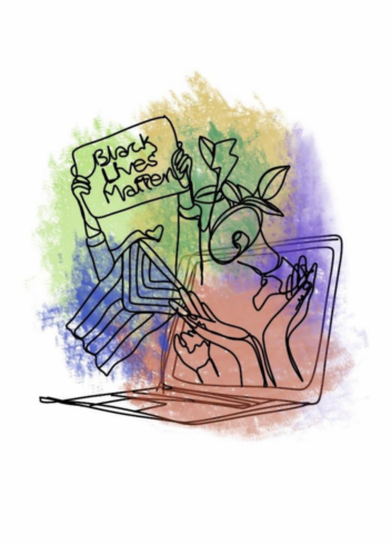 A water color illustration which various items coming out of a laptop screen including a loud speaker, an LGBTQ+ flag and a sign reading 'black lives matter'
