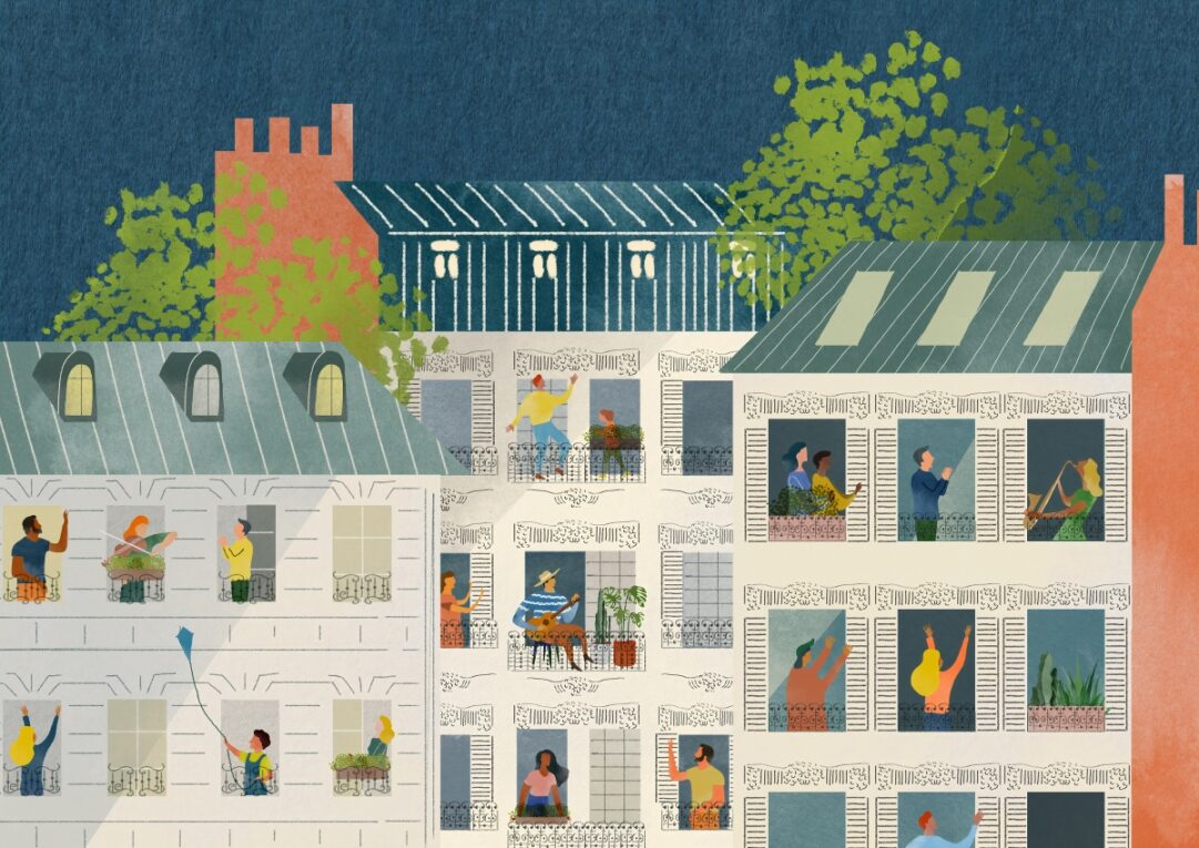 An illustrated graphic of multistory buildings with people at the windows