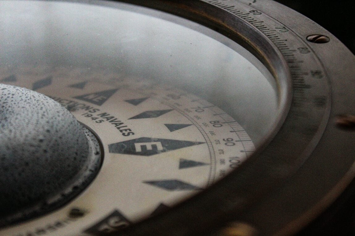Close up shot of a compass in muted tones,