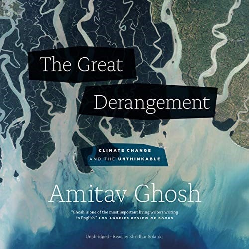 The cover of Amitav Ghosh's book 'The Great Derangement: Climate Change and the Unthinkable'. The title is overlaid on an aerial photograph of a coastline.