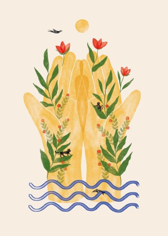 An illustration of two hands held out towards the sun, flowers and leaves grow from the hands and there is water at the bottom.