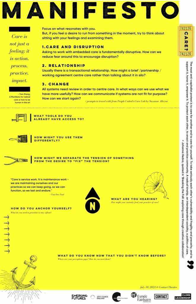 Page one of This is Not a Manifesto. Graphic yellow and white document with text and title 'Care is note just a feeling: it is action, process, practice, impact.'