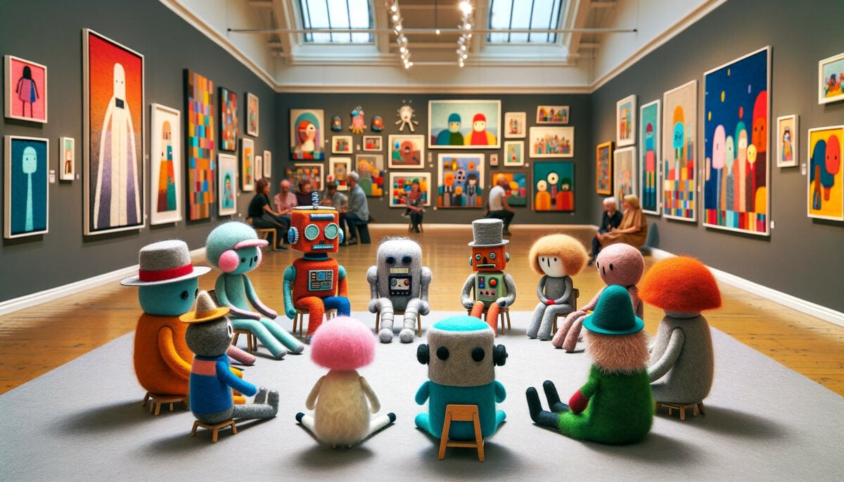 An AI generated image of futuristic beings sat in an art gallery
