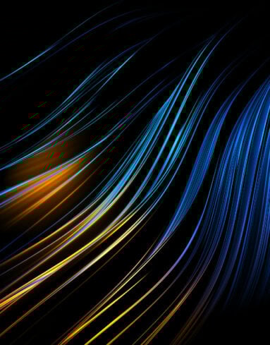 Decorative artwork of blue and golden strands on a dark background