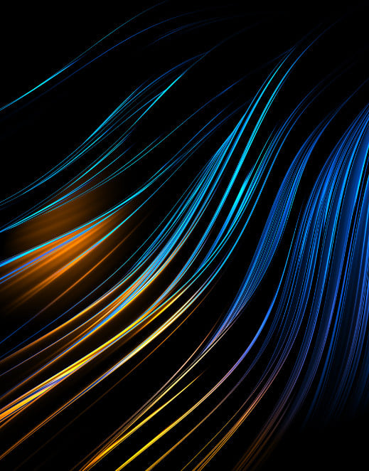 Decorative artwork of blue and golden strands on a dark background