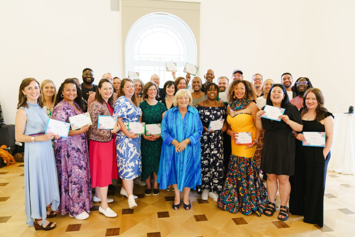 A photo of Dame Vivien Duffield with the 2022/23 Clore Fellows at their graduation