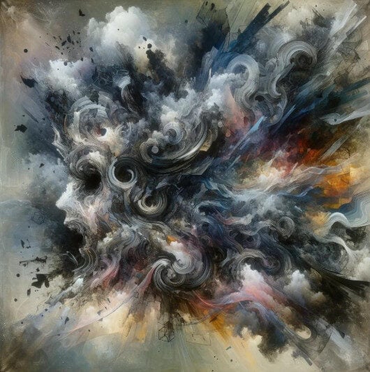 AI generated image of a storm cloud with a face in the middle, it appears to be screaming